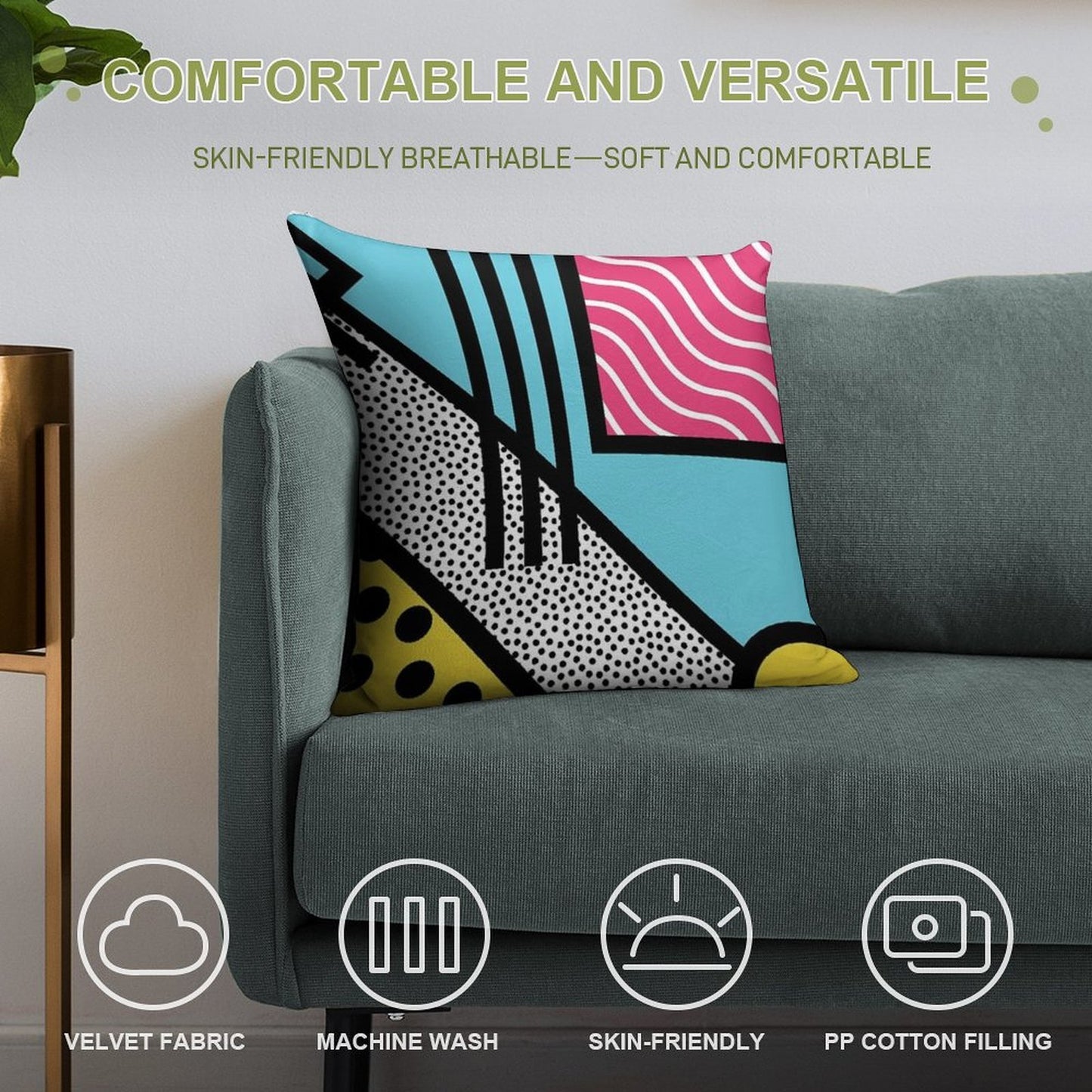 Abstract 80s Memphis Pop Art Style Graphics Soft Reinforced Edging Throw Pillow