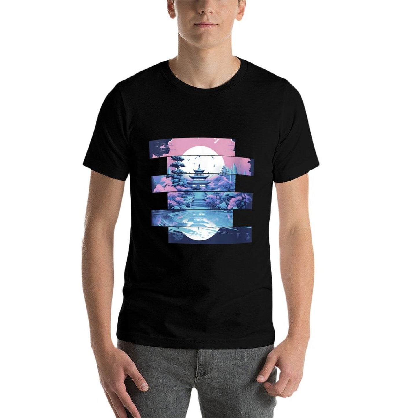 Womens Serenity in Stripes Tranquil Temple at Twilight Comfortable T-Shirt