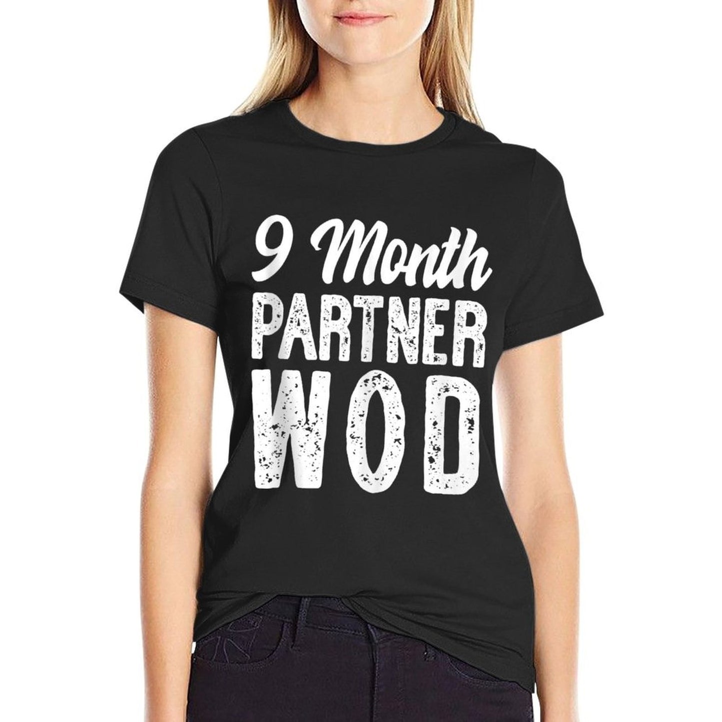 9 Month Partner WOD Workout Running Pregnancy Announcement Ribbed Collar T-Shirt