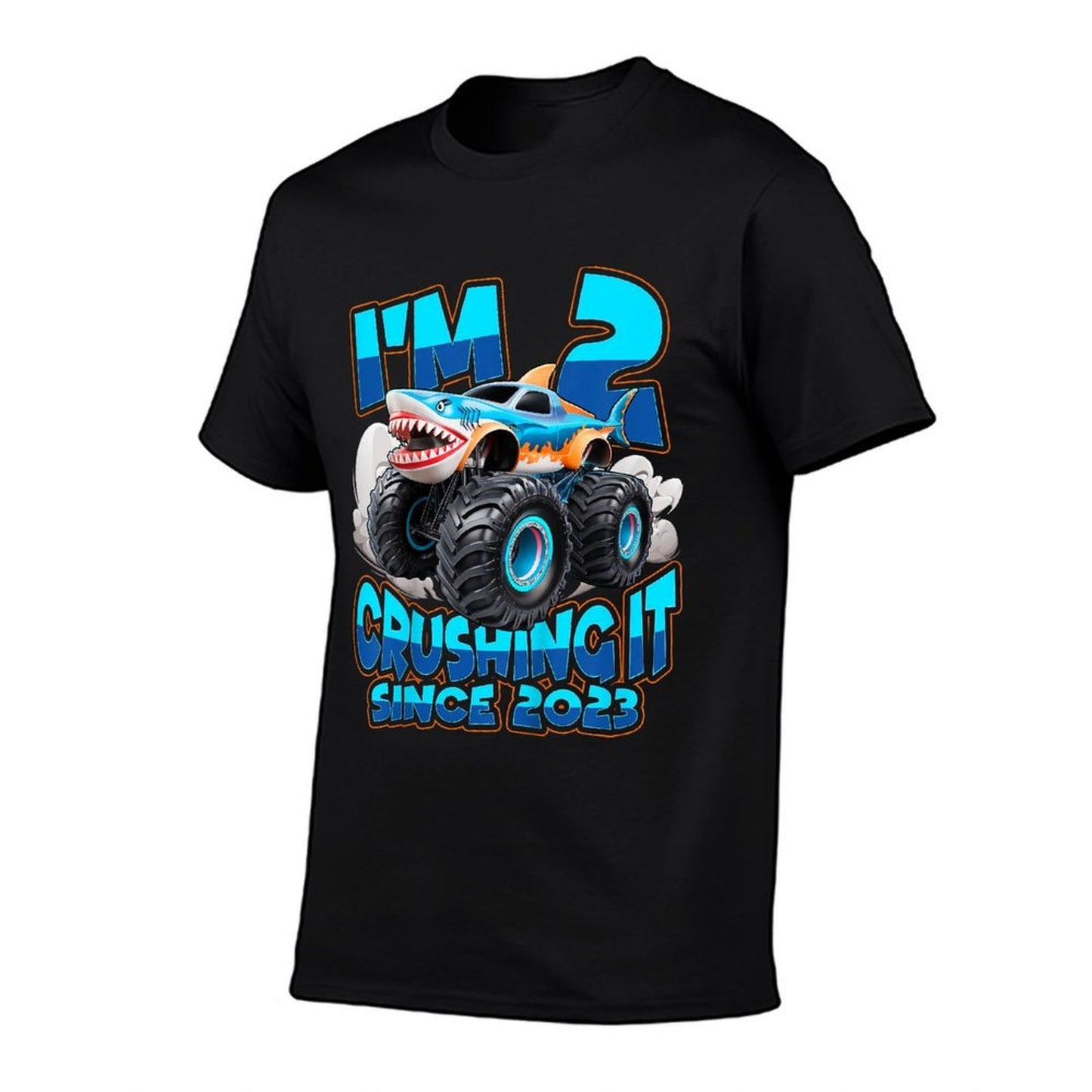 Kids 2 Years Old Boys 2nd Shark Monster Truck Birthday Party Trendy Pattern T-Shirt