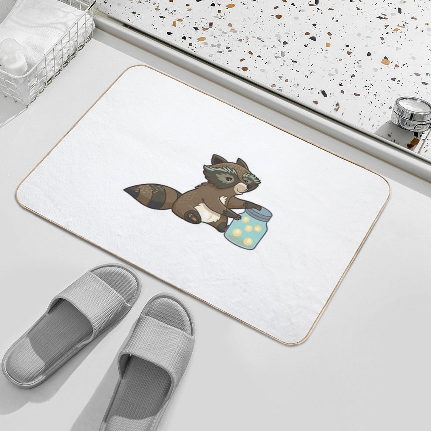Funny Little Raccoon Collects Crickets Easy Maintenance Bath Mat