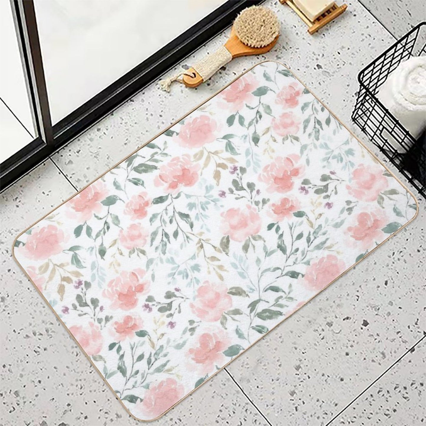 Watercolor Peonies And Delicate Leaves - Hand Painted Anti-Trip Bath Mat