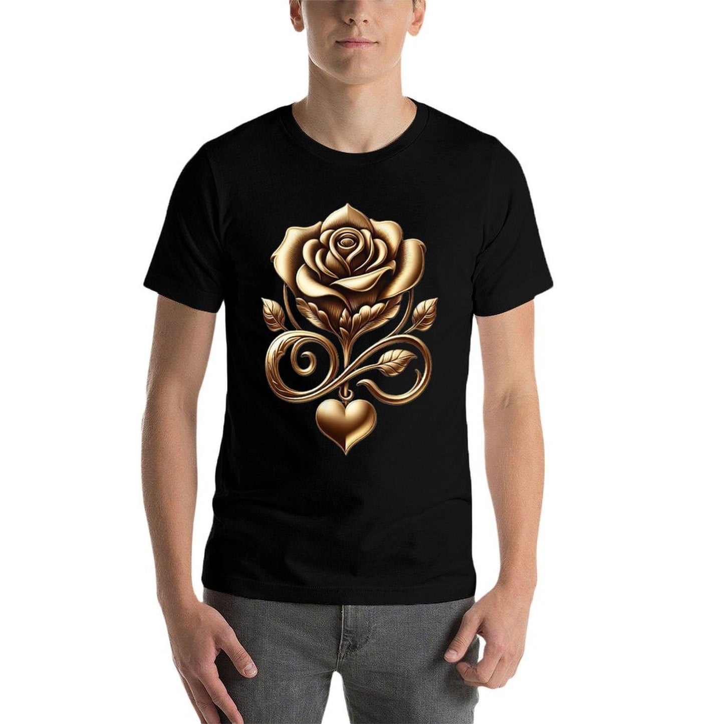 Very Cute Gold Rose Flower With A Golden Heart High-quality Stitching T-Shirt