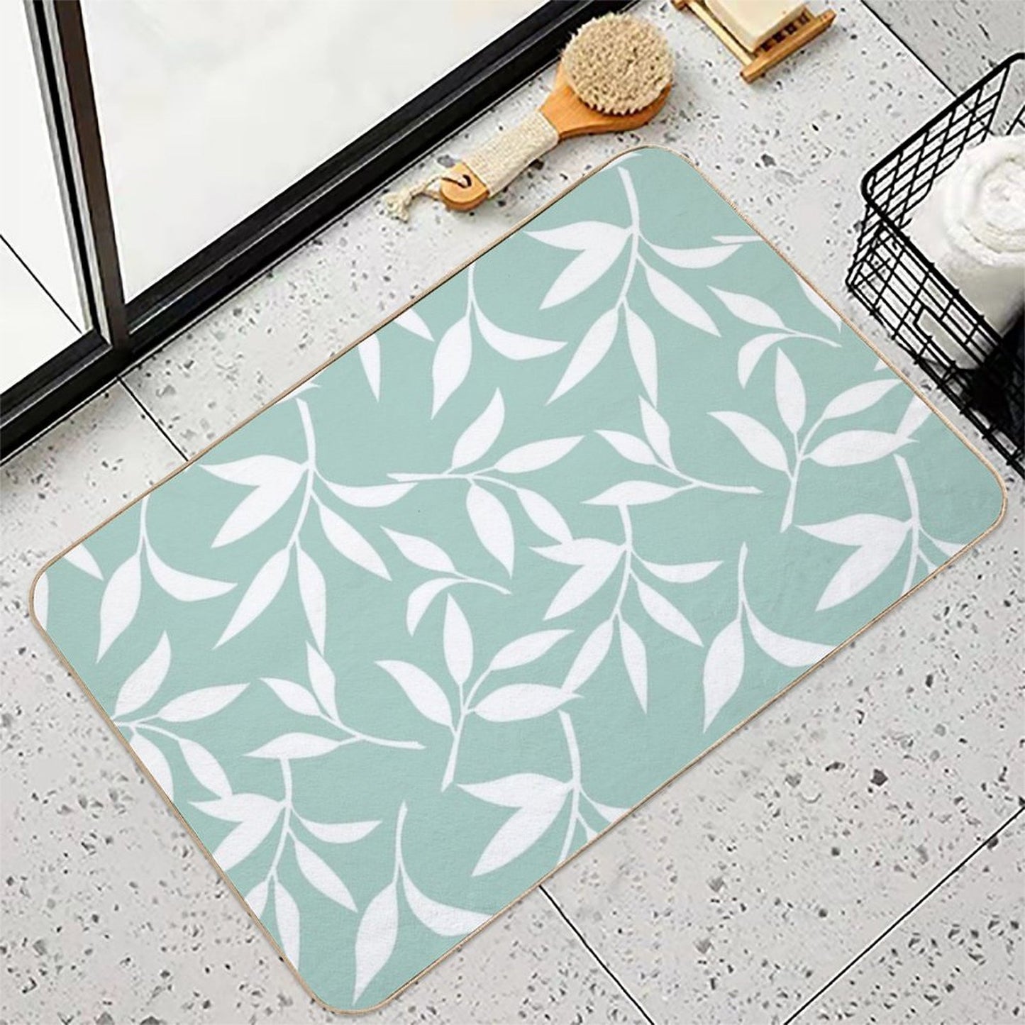Floral Pattern with Leaves. Celadon And White Print Slip-Resistant Bath Mat