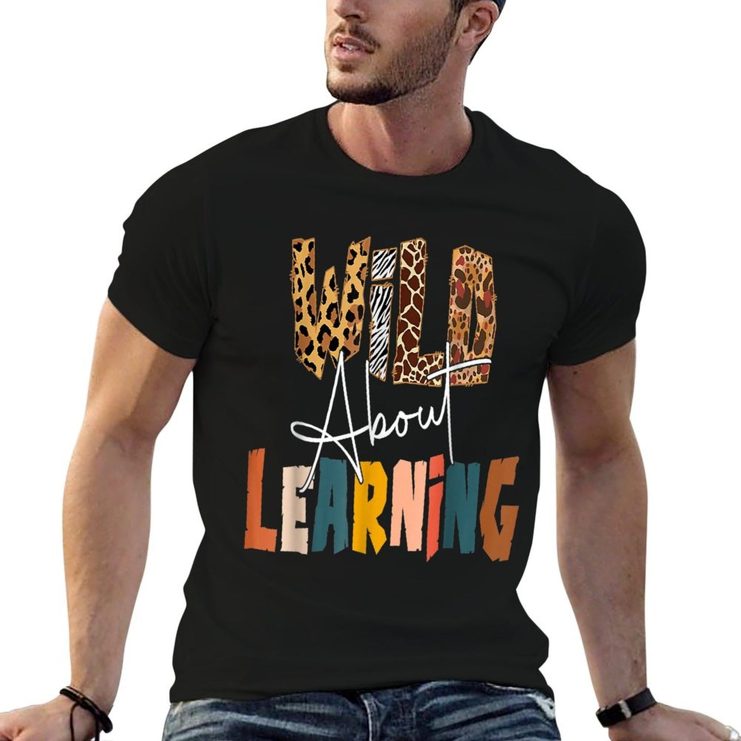 Wild About Learning Teacher Back To School Teaching Ribbed Collar T-Shirt