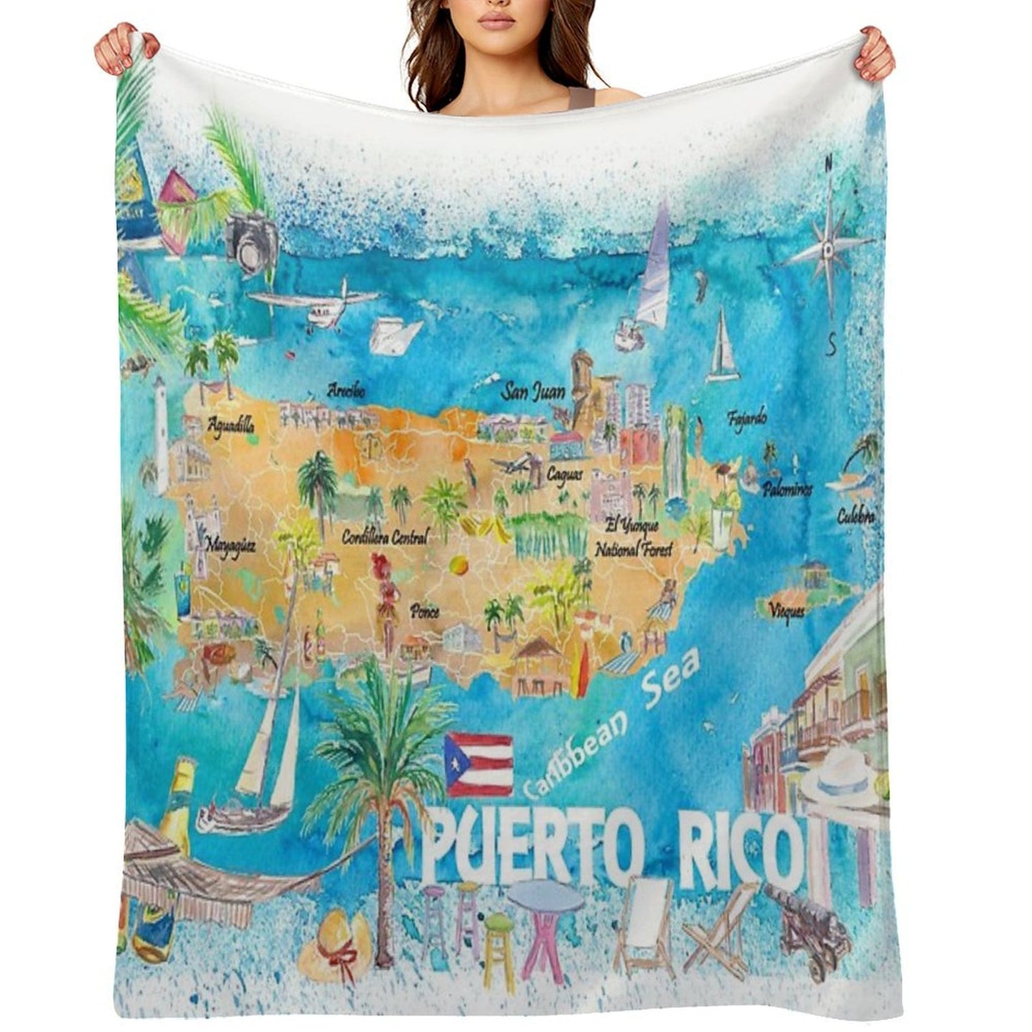 Puerto Rico Islands Illustrated Travel Map with Roads And Highlights Shrink-resistant Throw Blanket