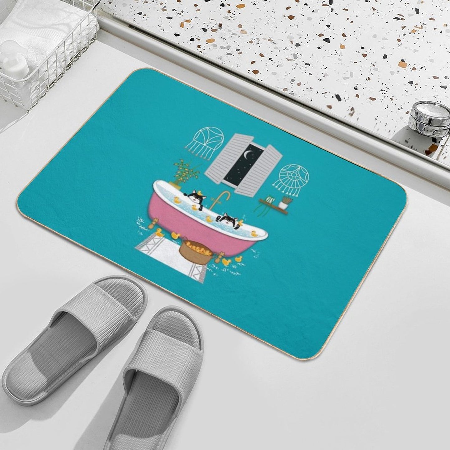 Cats Bubble Bath Duck Chaos Illustration Eco-Friendly Bath Mat