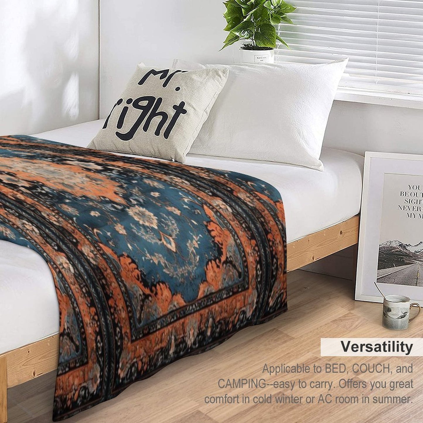 Orange Dark Azure Persian Carpet Machine-washable Throw Blanket