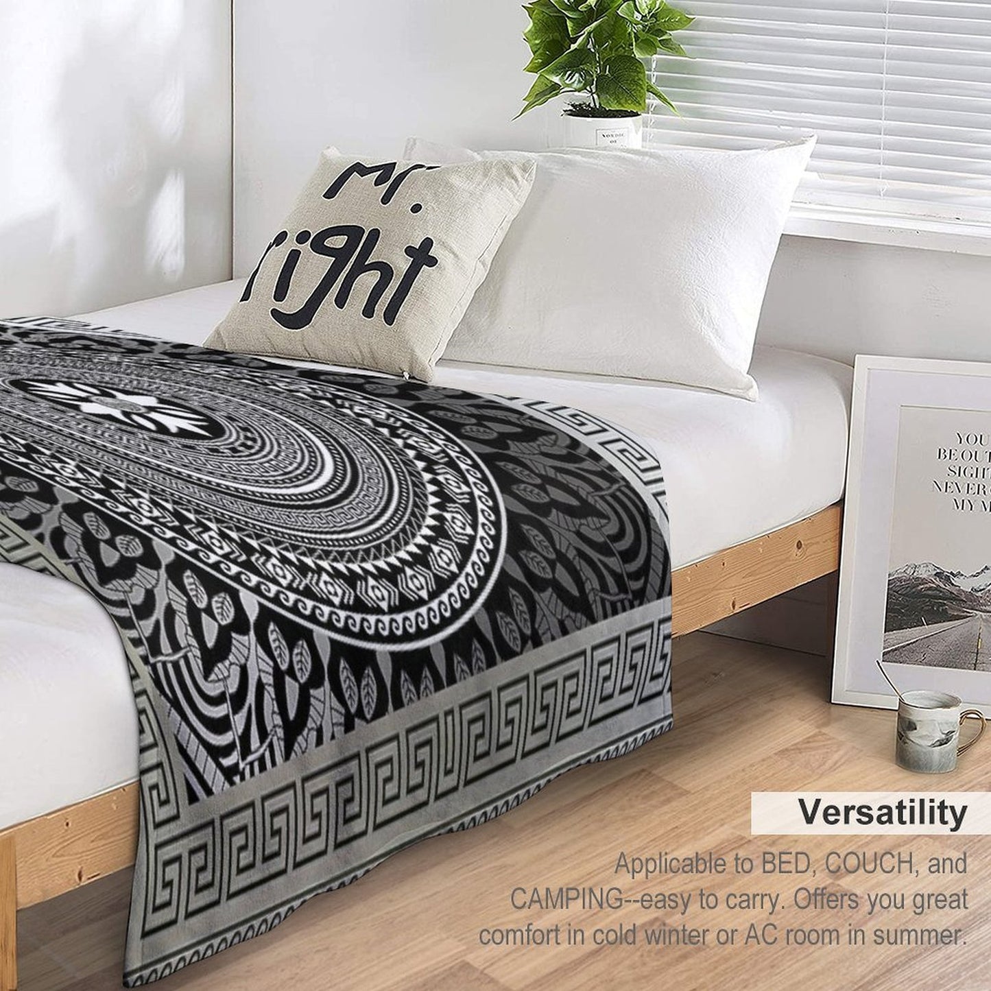 Ornate Baroque Silver Black White Greek Keys Border Gift-ready Throw Blanket