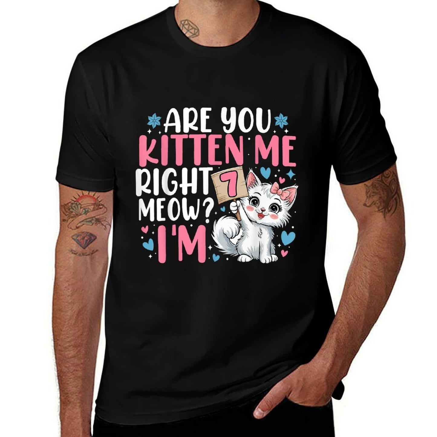 7th Birthday Girl 7yr Seven 7 Year Old Kitten Cat Bday Trendy Pattern T-Shirt