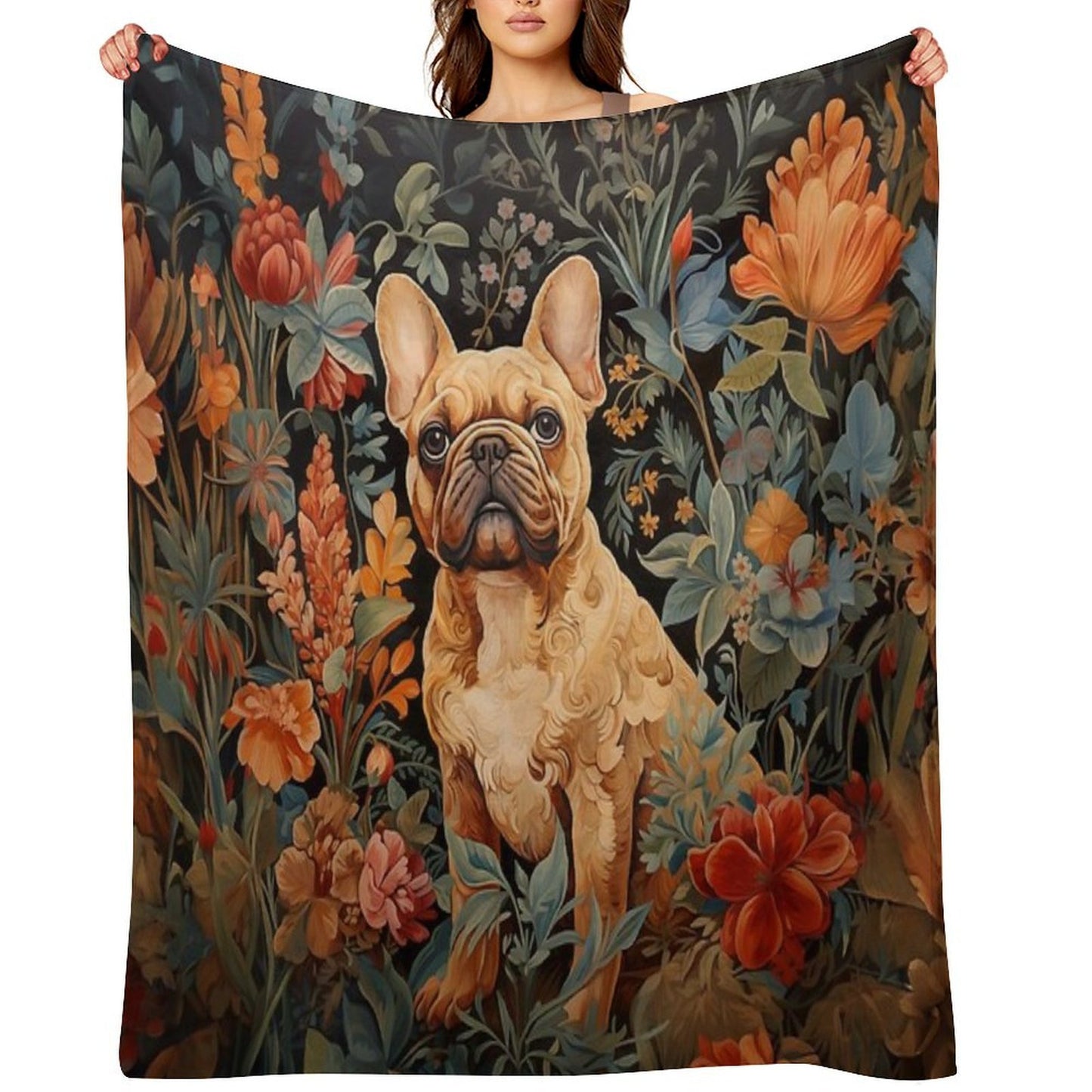French Bulldog in A William Morris Style Garden Premium Throw Blanket