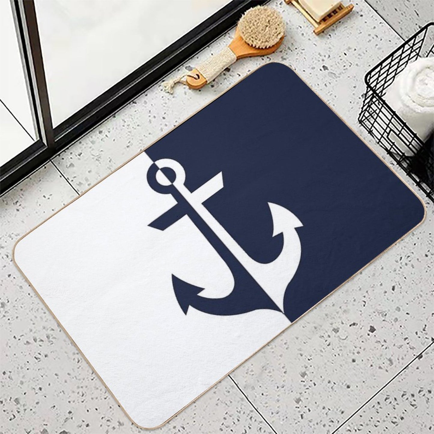 Nautical White And Navy Blue Anchor Absorbent Bath Mat