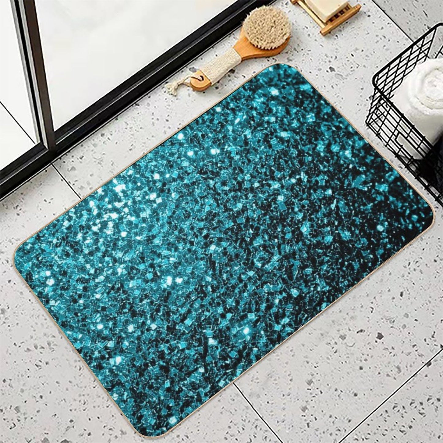 Aqua Blue Shiny Faux Glitter Sparkles Anti-Trip Bath Mat