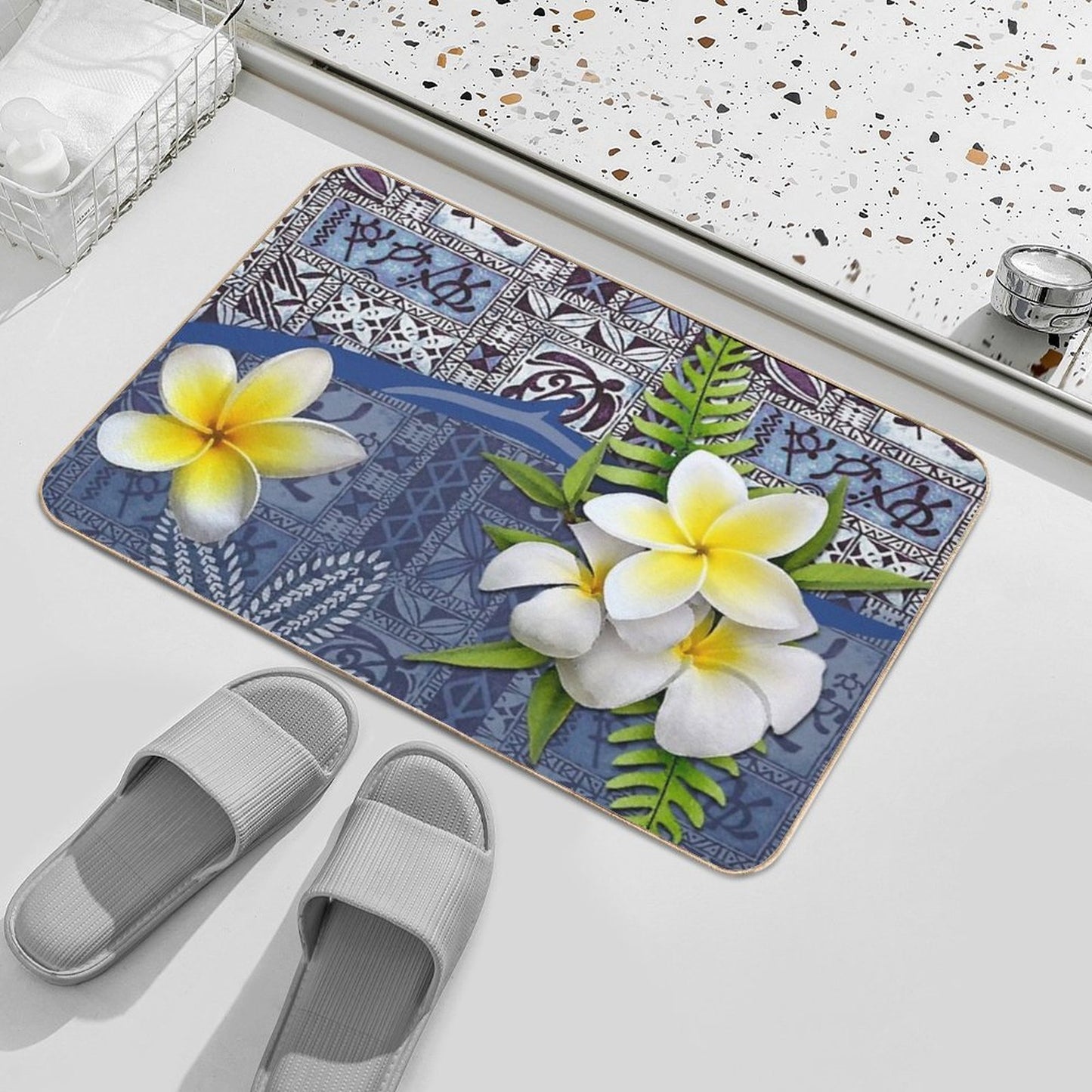 Blue Hawaiian Tapa And Plumeria High-Traffic Bath Mat