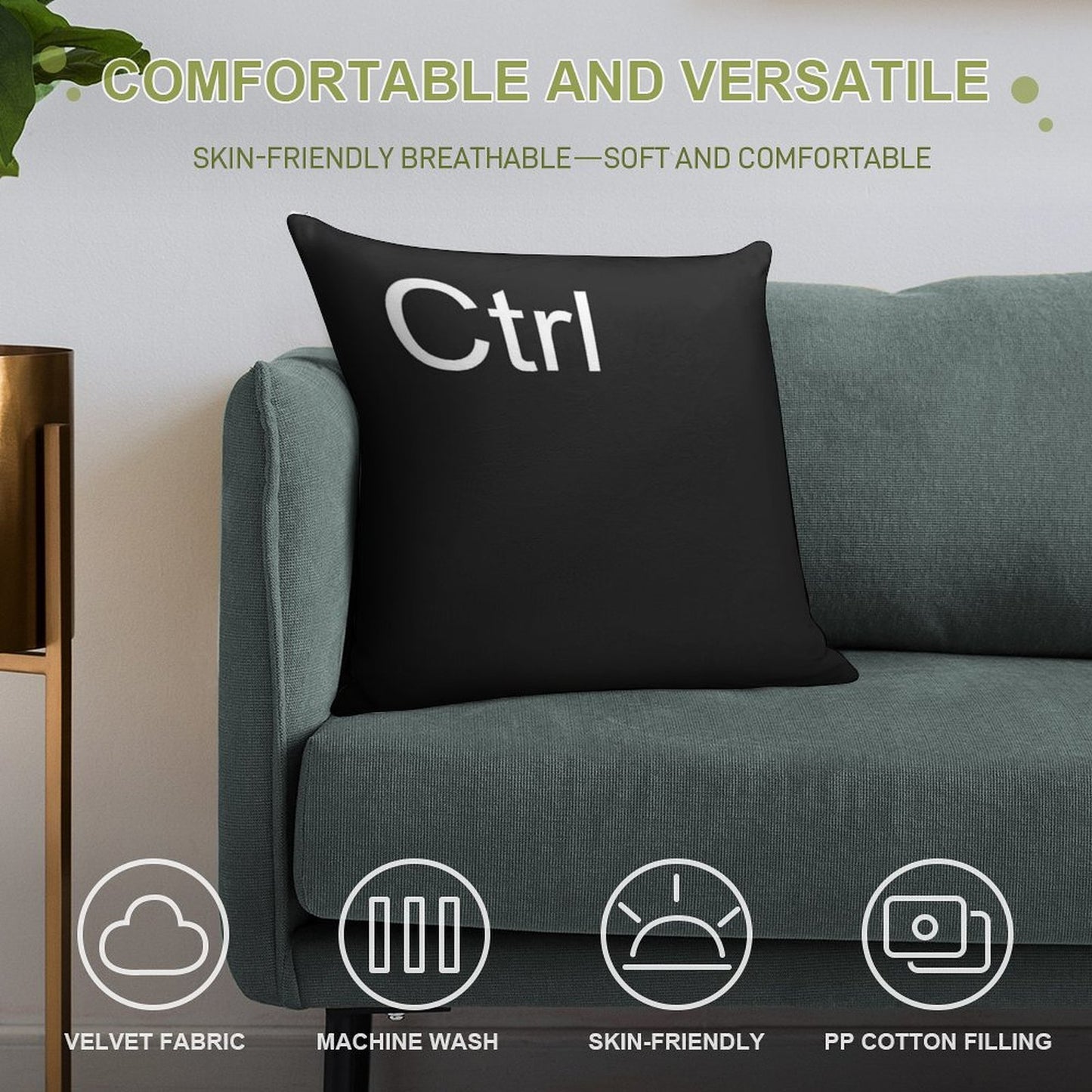 Ctrl Pillow in Black Soft Short Plush Fabric Throw Pillow
