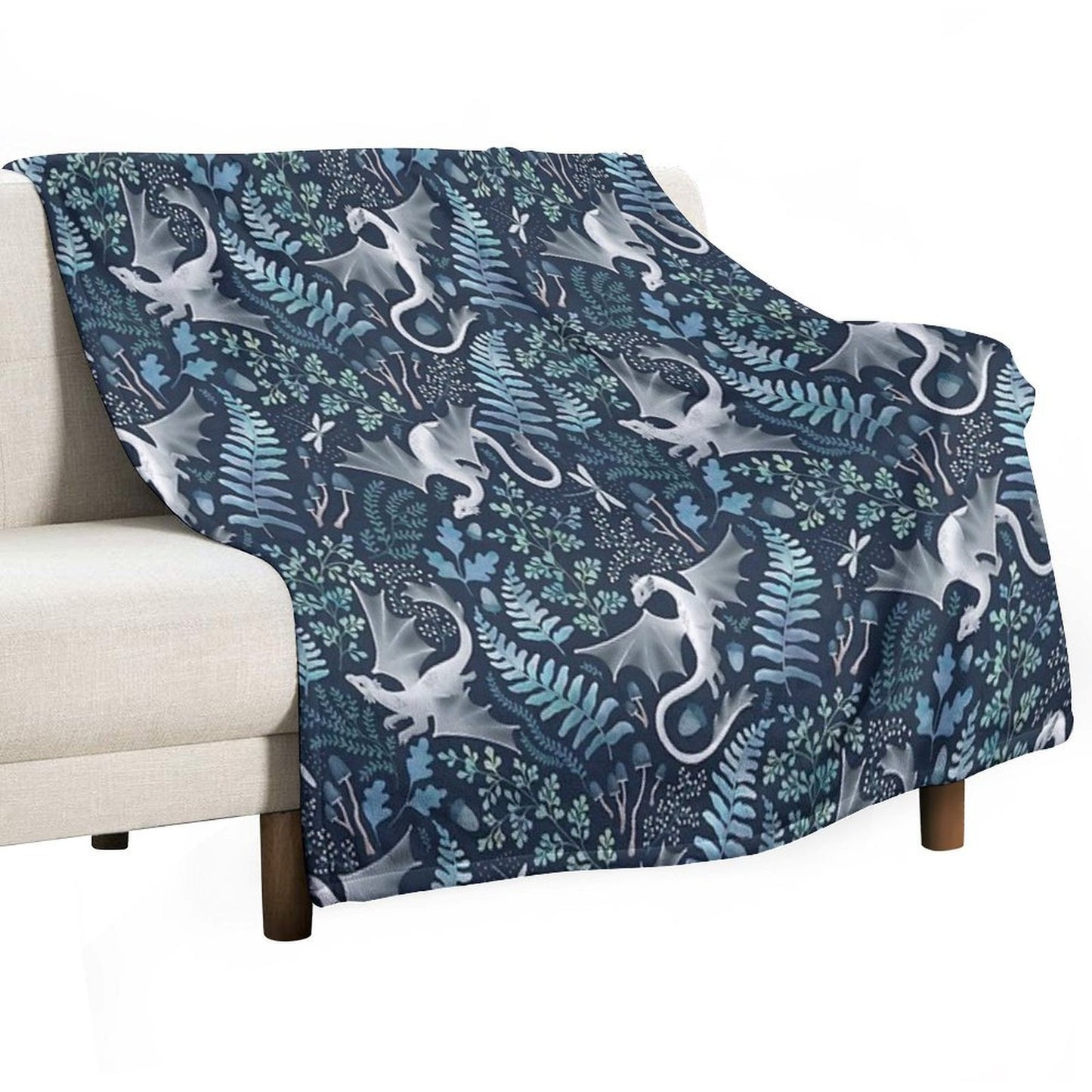 Forest Dragons in Shades of Blue And Green on Navy Blue Travel-friendly Throw Blanket