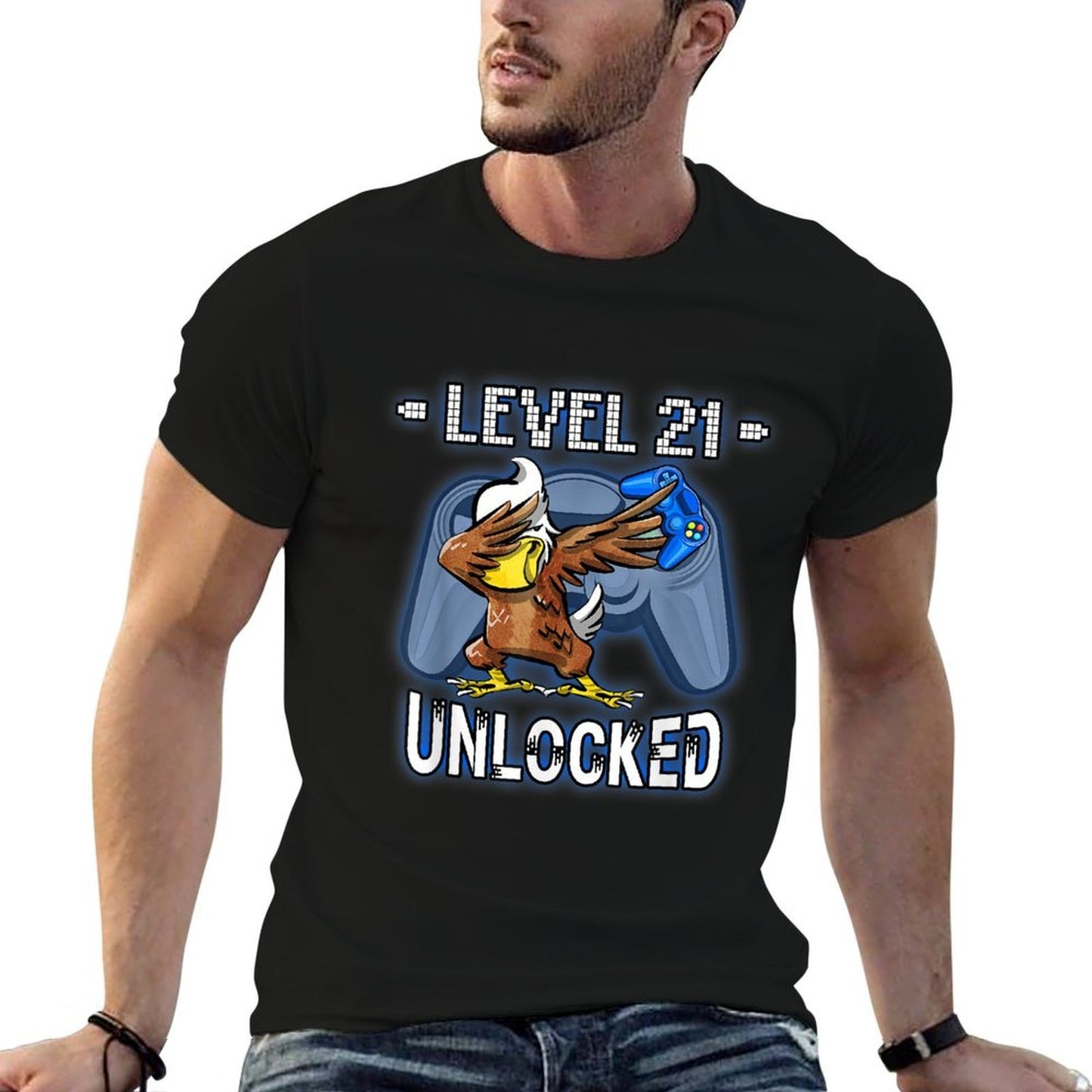 Level 21 Unlocked - Funny Dabbing Eagle Gamer 21st Birthday Fade-proof Color T-Shirt