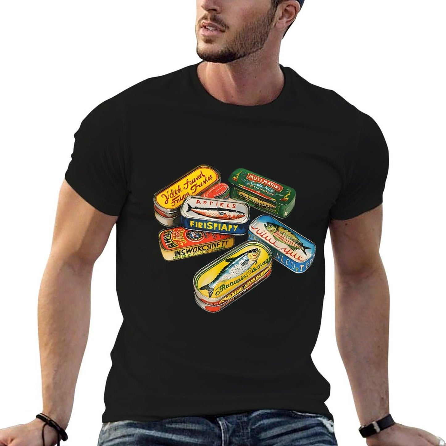 90s Sardine Tins Anchovy Canned Fish Unisex-Adult Black Small Sardine Tin Pattern Crew Neck Lightweight Straight Fit Slim-fit Cut T-Shirt