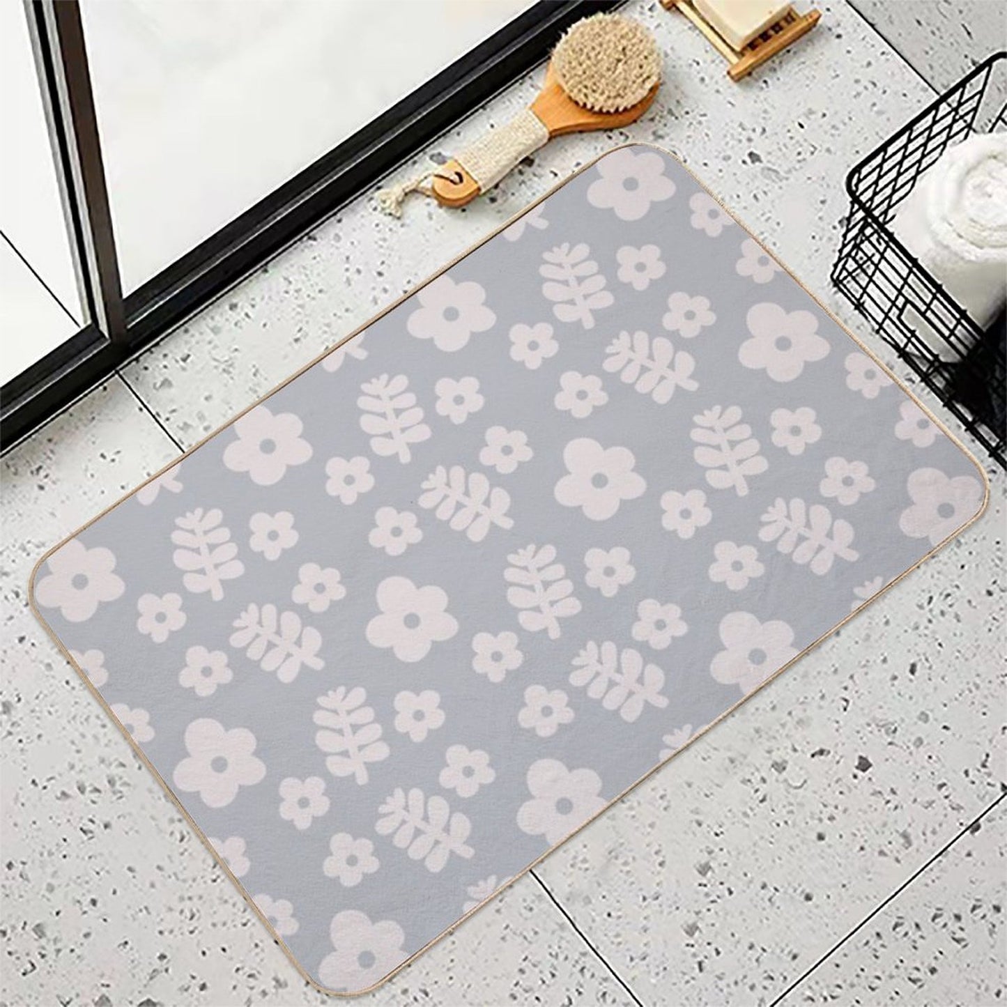 Mid Century Modern Flowers & Leaves, Cute Retro Pattern, Stone Blue Rapid-Drying Bath Mat