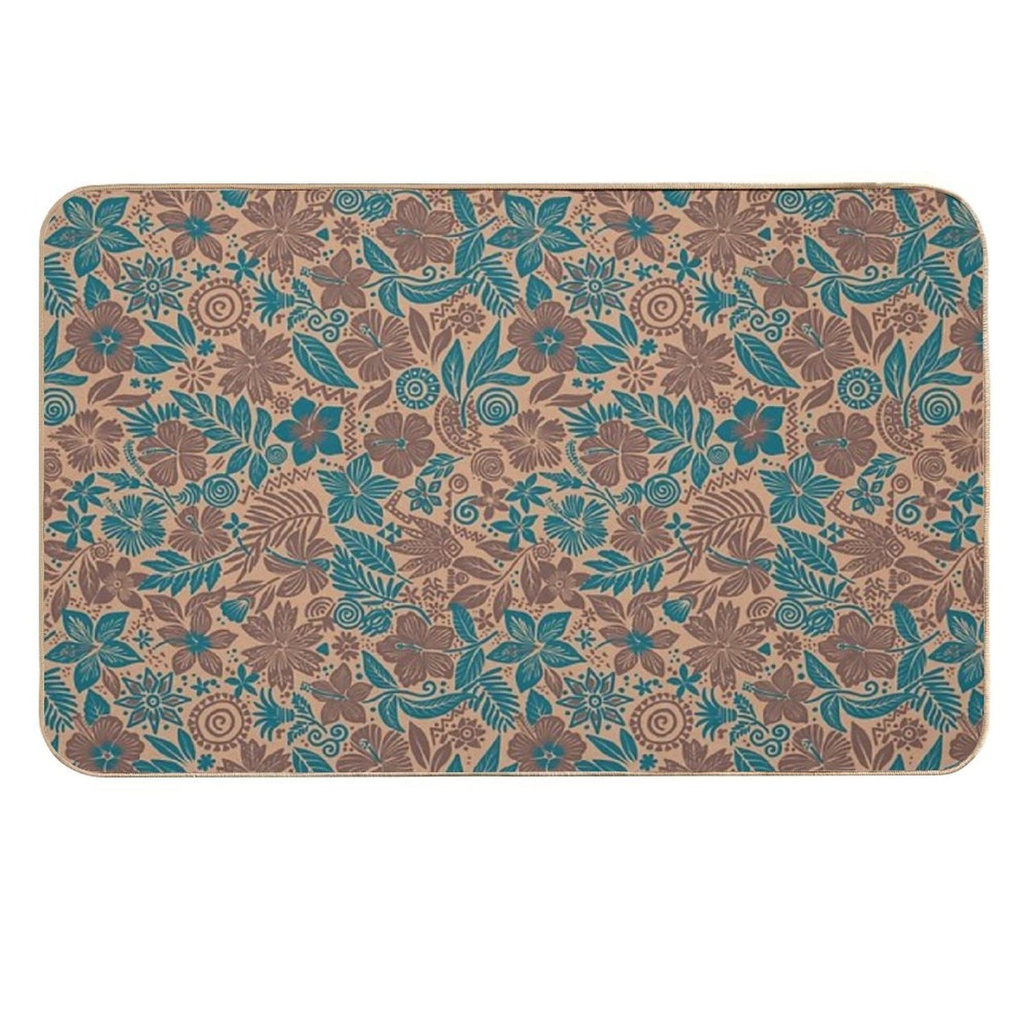 Beige And Teal Tropical Floral Tribal Print Eco-Friendly Bath Mat