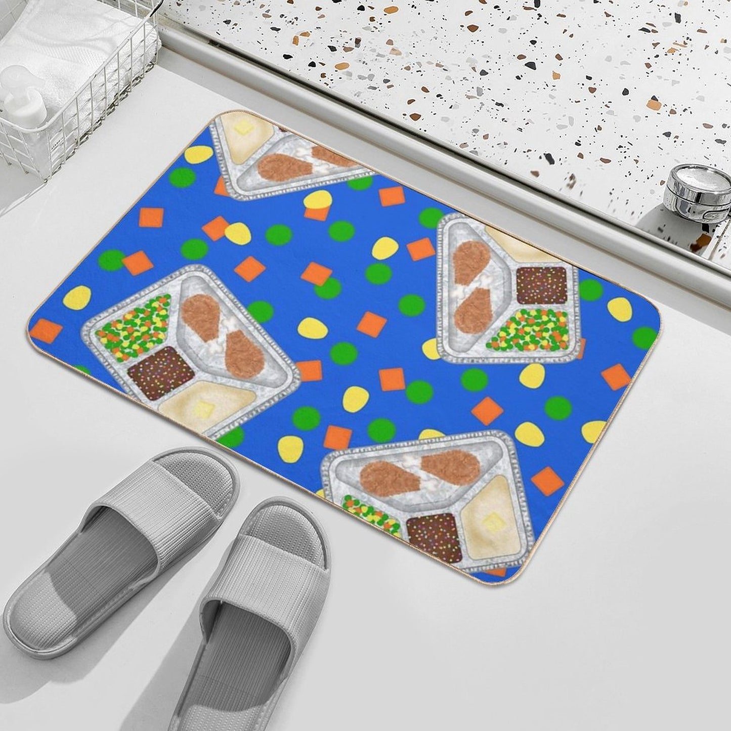 Retro 80’s TV Dinner Tray Food Fried Chicken Peas Corn Carrots On Blue Anti-Trip Bath Mat