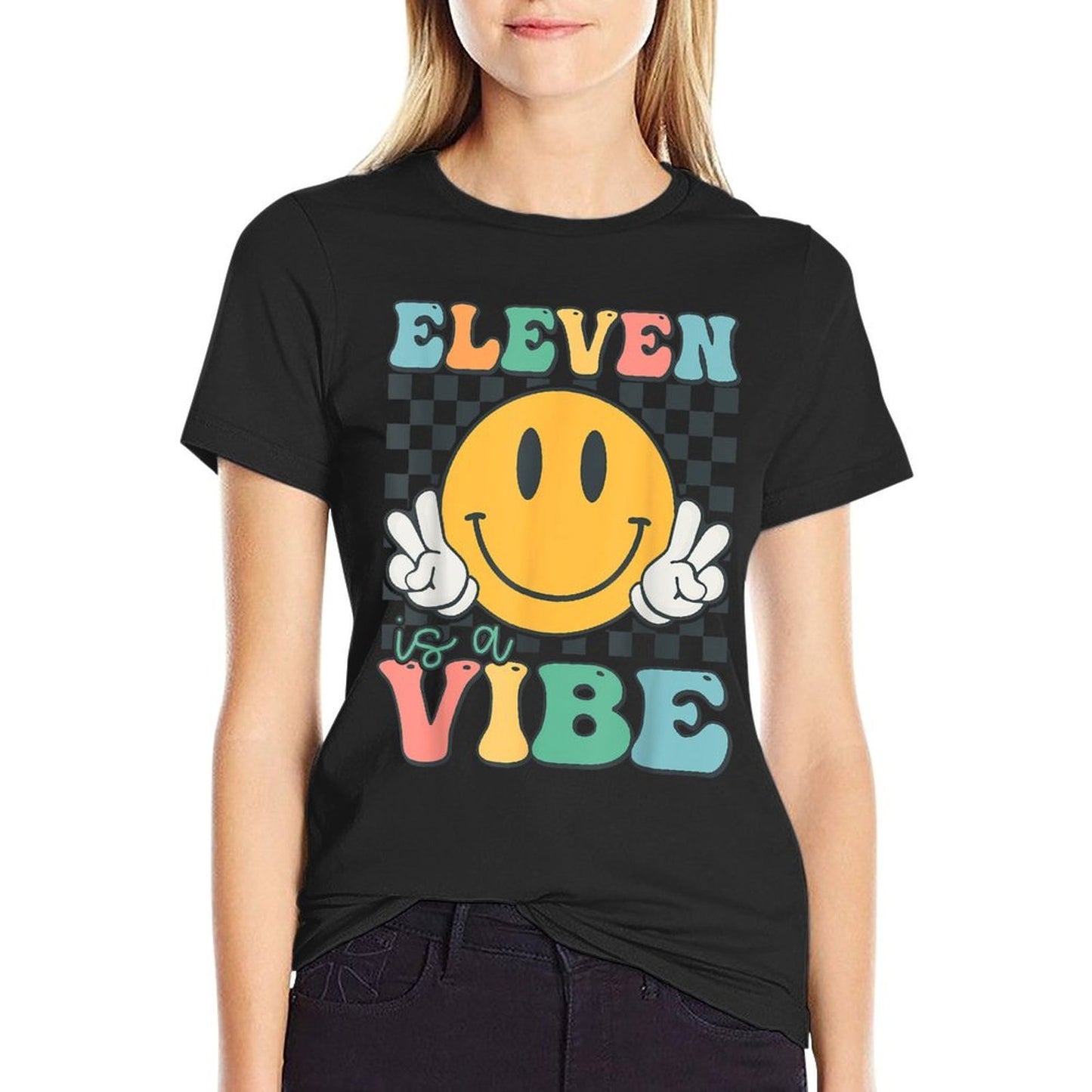 Eleven Is A Vibe 11th Birthday Smile Face Hippie Boys Girls  Fade-proof Color T-Shirt