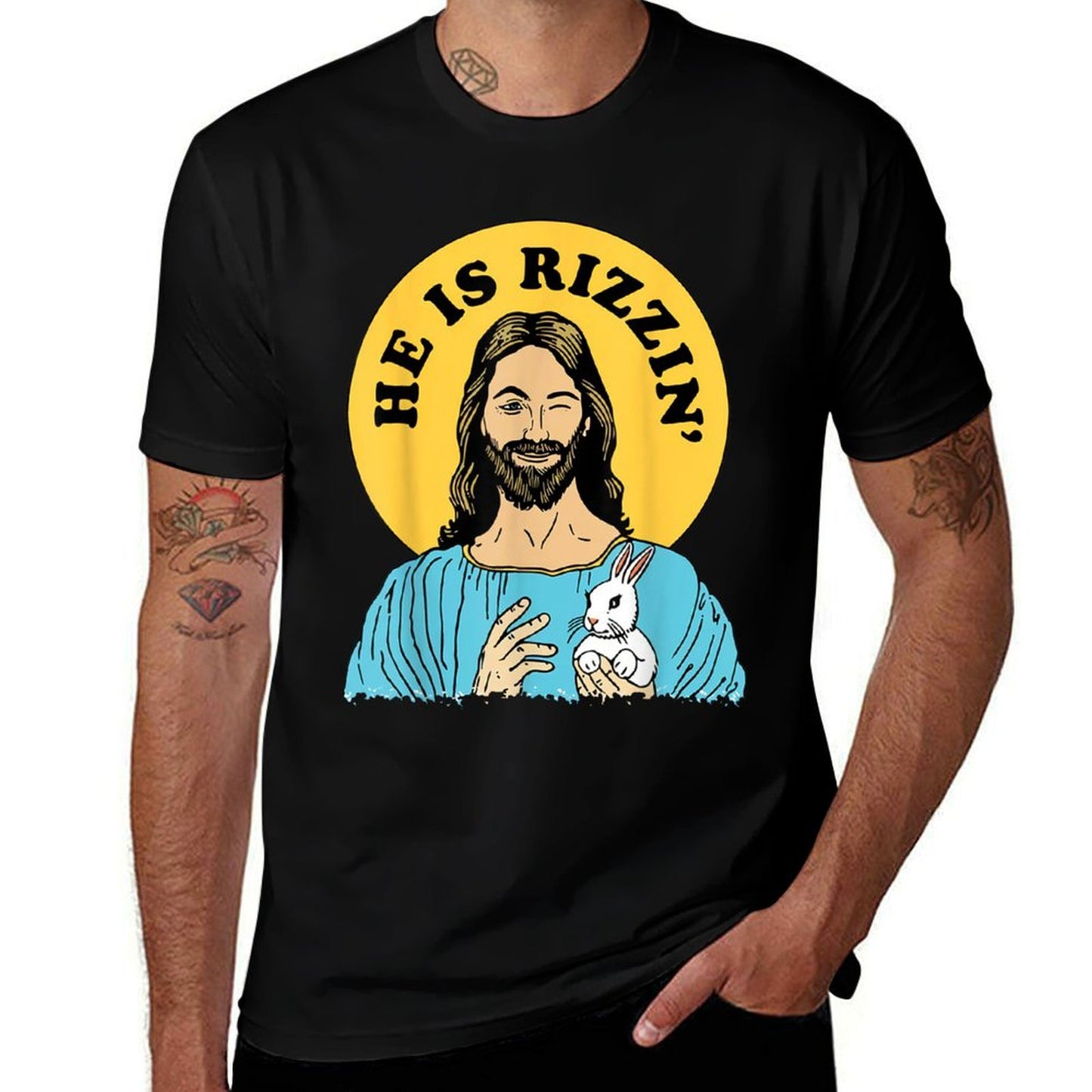 He Is Rizzin Funny Jesus Christian Happy Easter Day Rolled Sleeves T-Shirt