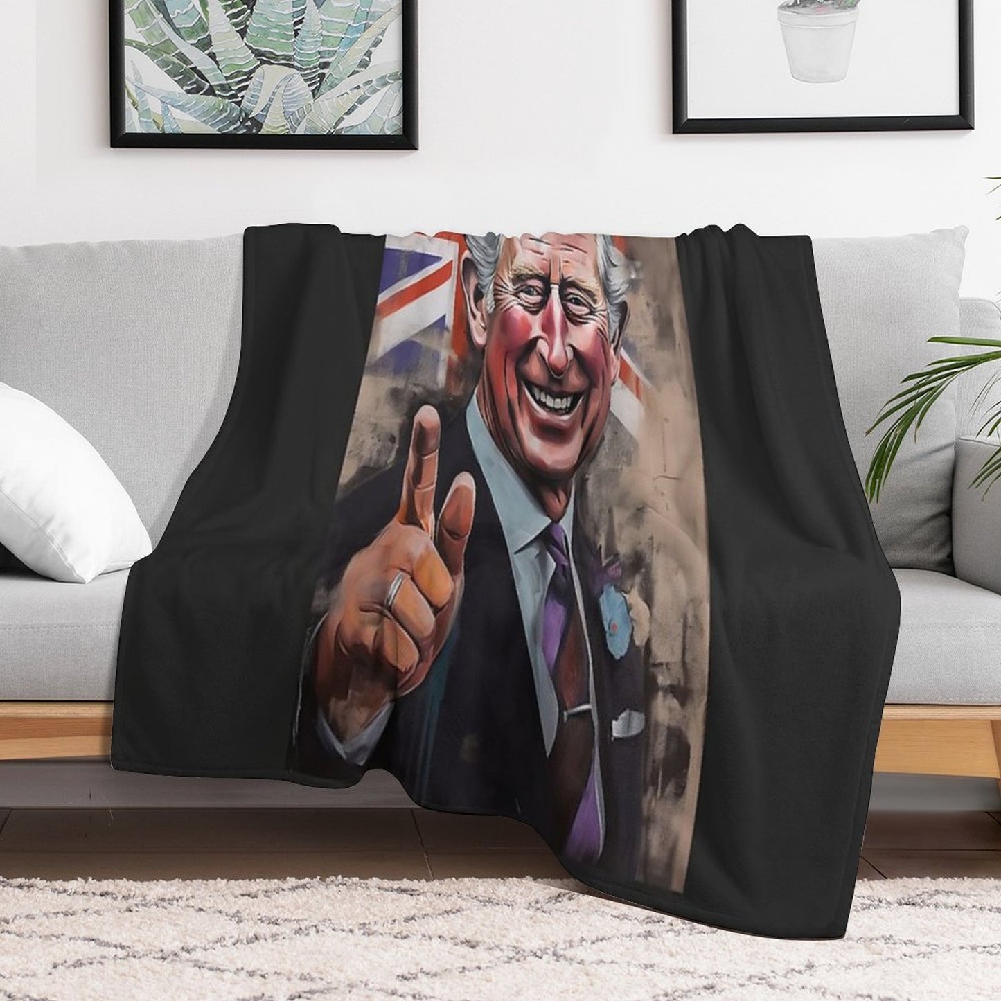 AI Generated King Charles III Coronation Union Jack - Oil Graffiti Colorful Happy Painting Eco-conscious Throw Blanket