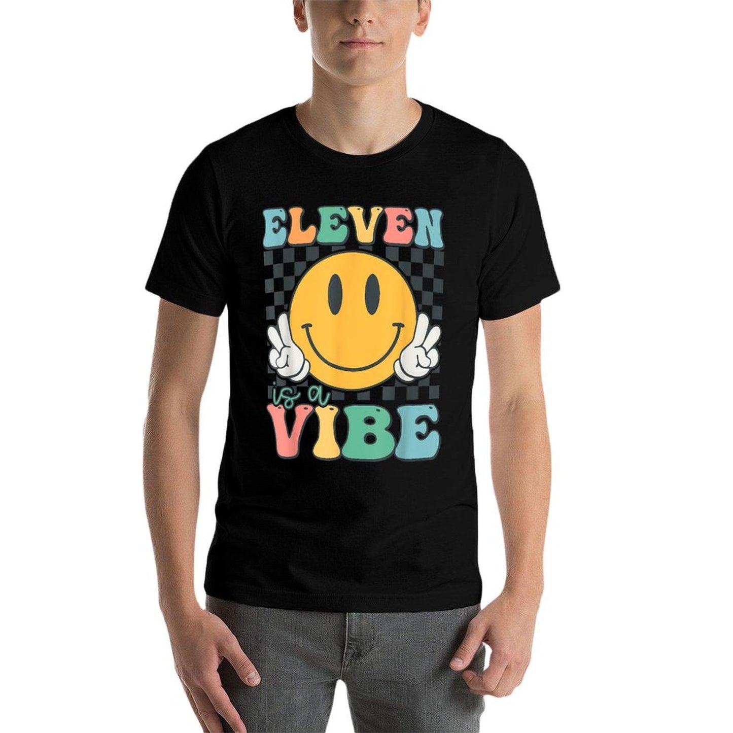 Eleven Is A Vibe 11th Birthday Smile Face Hippie Boys Girls  Fade-proof Color T-Shirt
