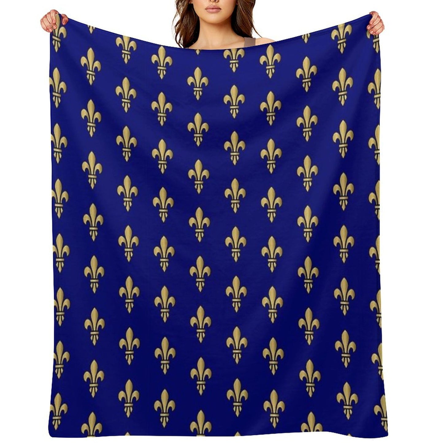 Royal Heraldic Golden Lilies on Blue Background Seamless Pattern Sustainable Throw Blanket