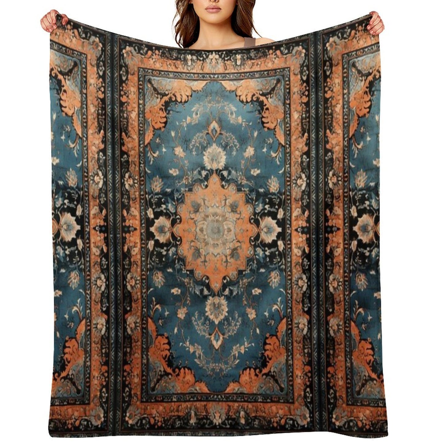 Orange Dark Azure Persian Carpet Machine-washable Throw Blanket