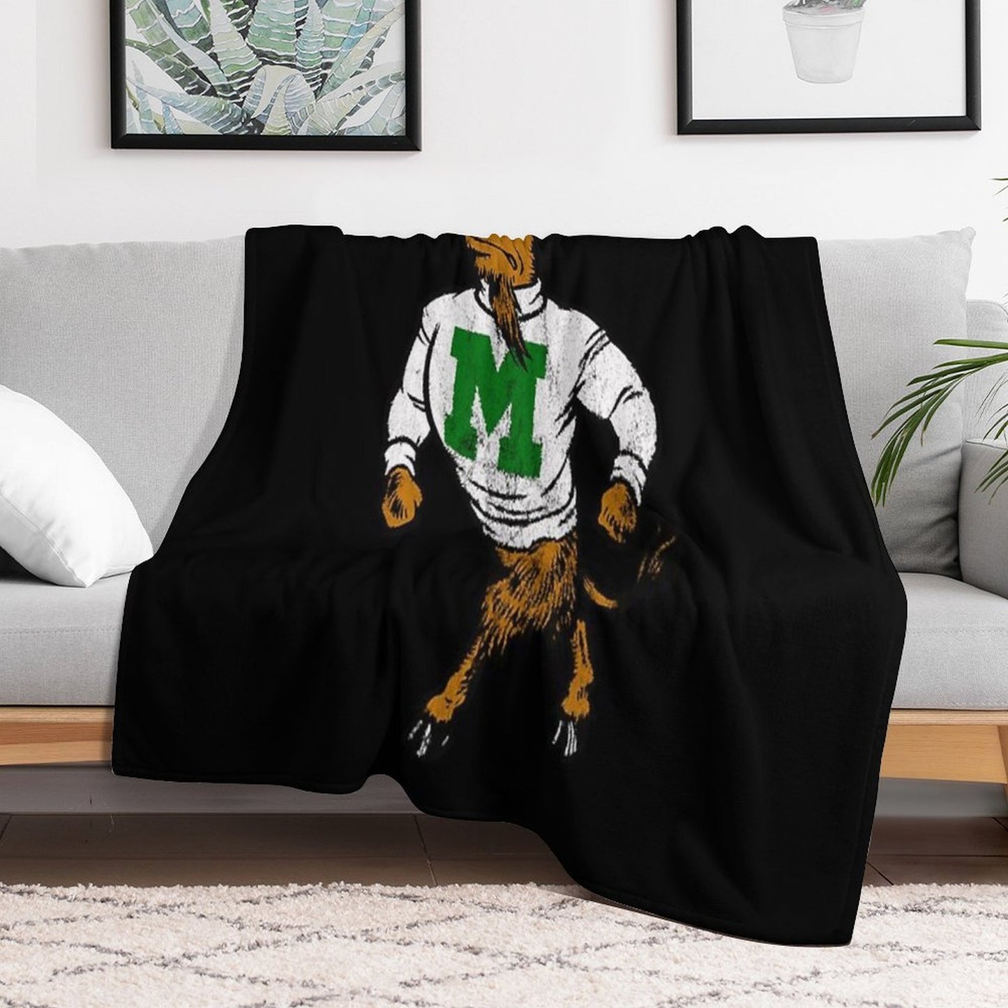 Marshall U. Vintage Retro Mascot Logo - Distressed Version Travel-friendly Throw Blanket