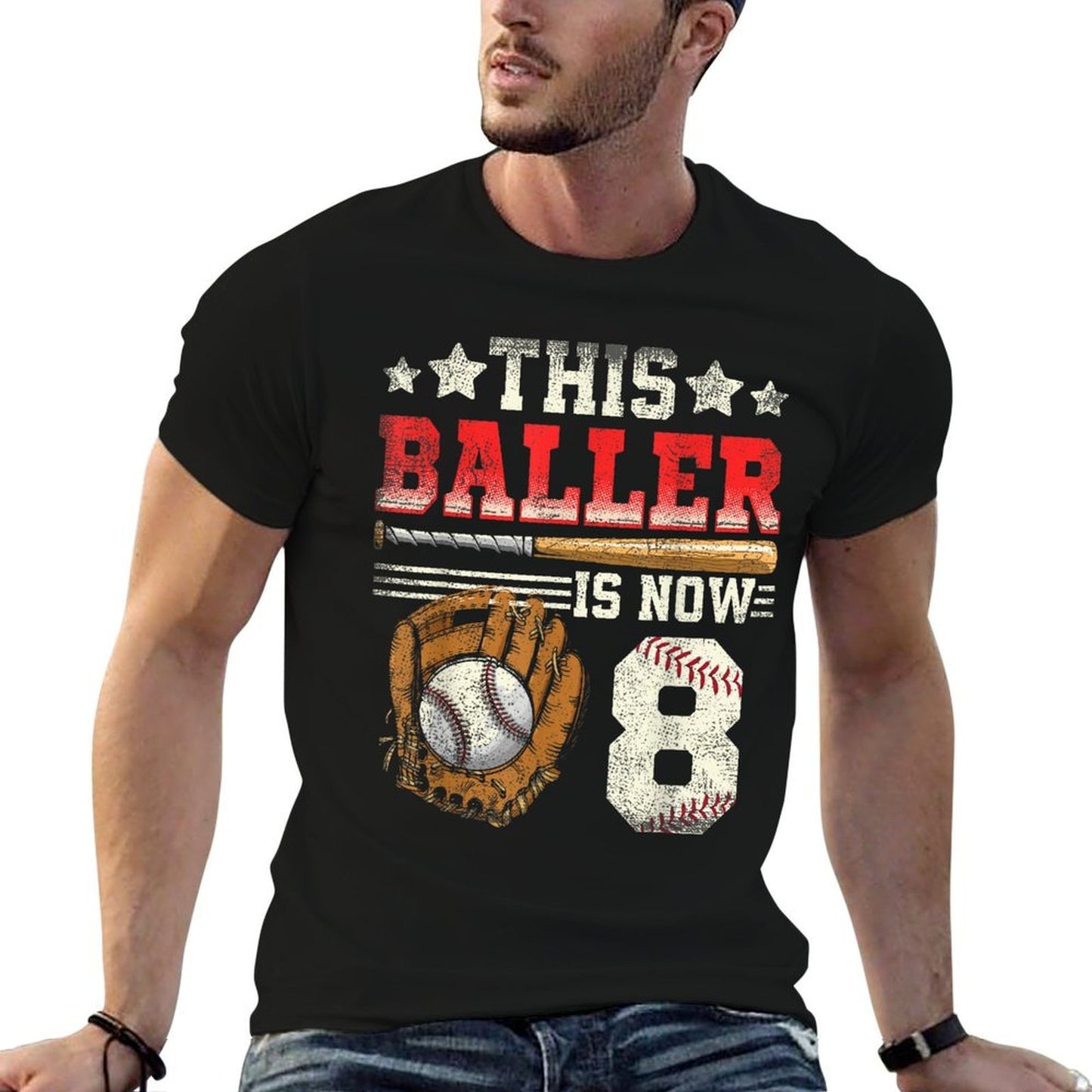 8th Birthdays For Boys Baseball Eight Year Old Heathered Texture T-Shirt