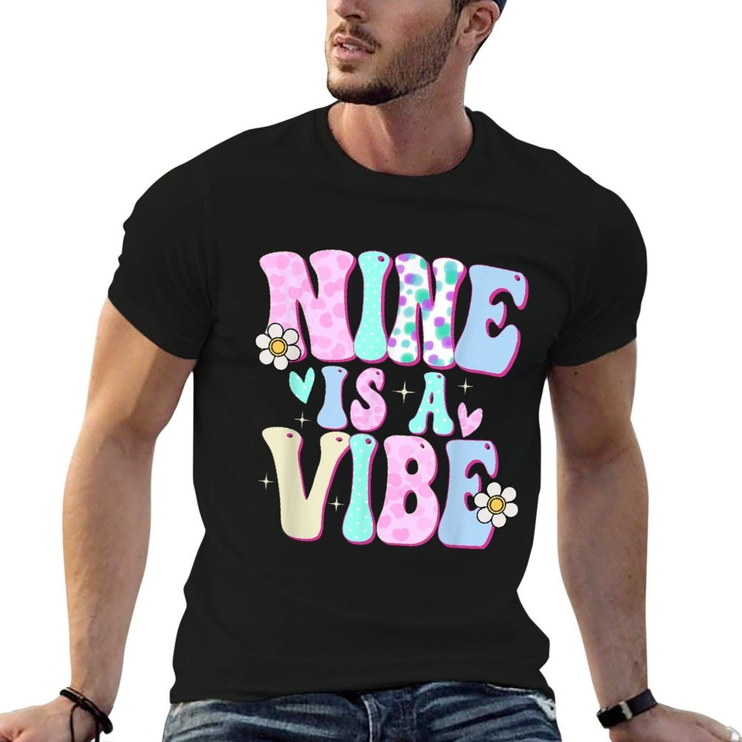 Nine Is A Vibe Girl Gifts 9th Birthday 9 Year Old Soft T-Shirt