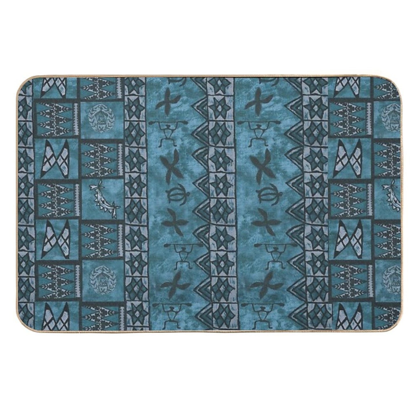 Vintage Hawaiian Tapa Ocean Blue High-Traffic Bath Mat