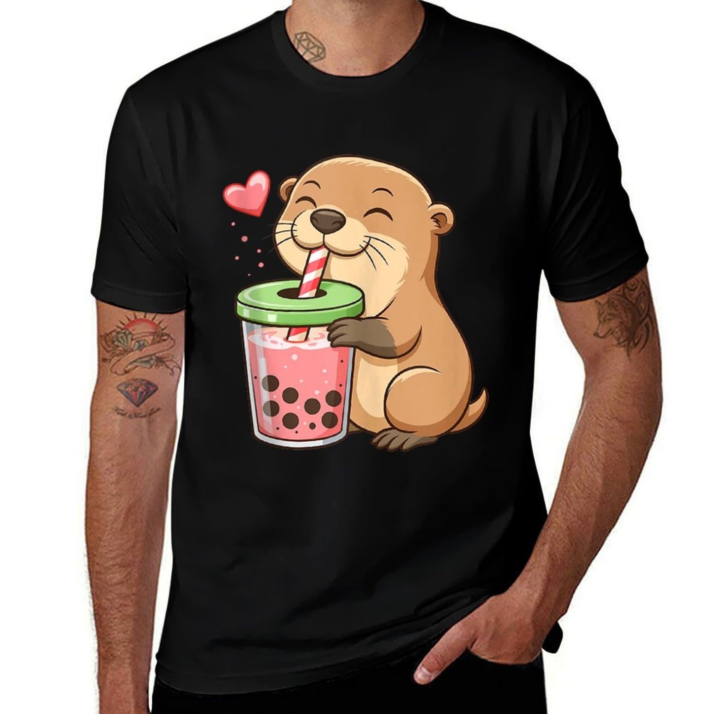 Otter Drinking Bubble Tea Boba Japanese Anime Culture Manga Heathered Texture T-Shirt