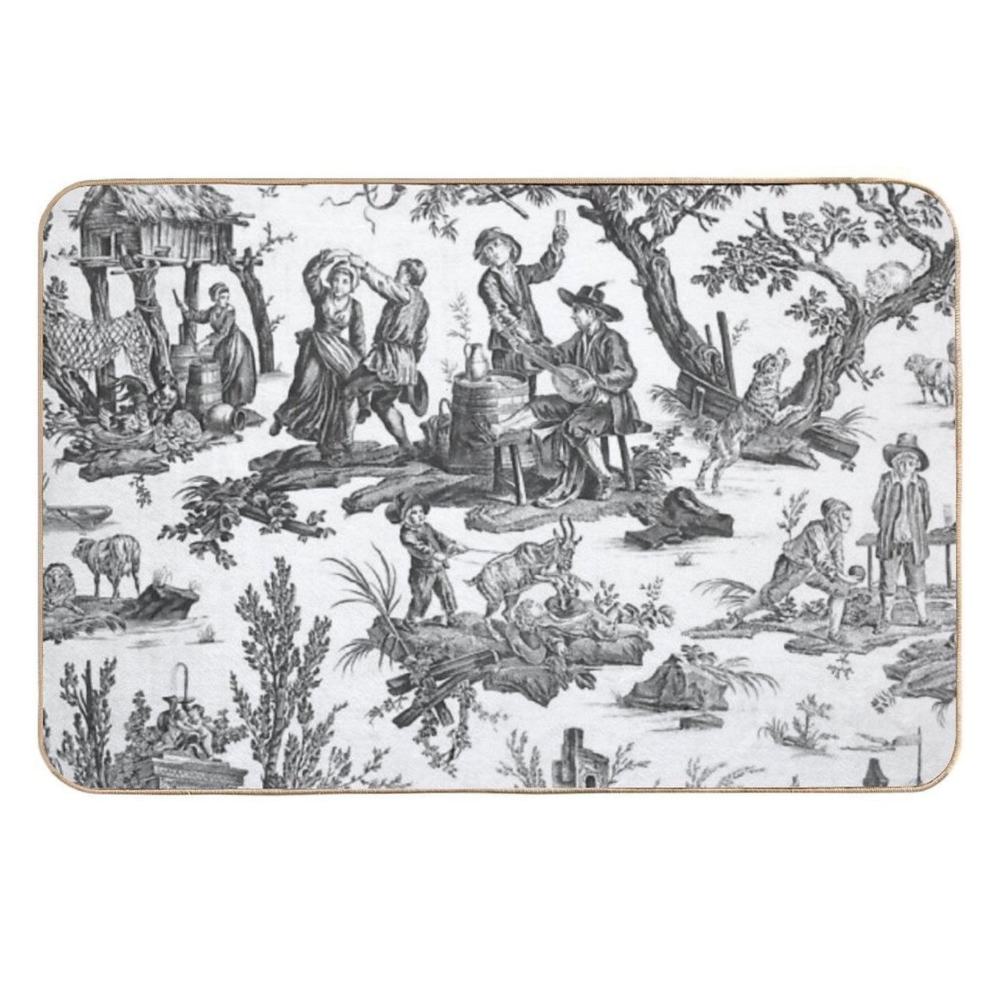 Black And White Toile De Jouy Easy Maintenance Bath Mat