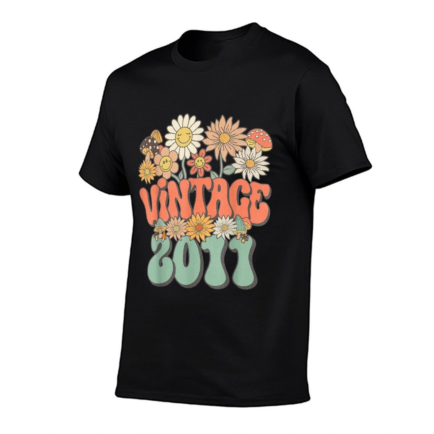 Vintage 2011 Floral Hippie Groovy Daisy Flower 14th Birthday Ribbed Collar T-Shirt