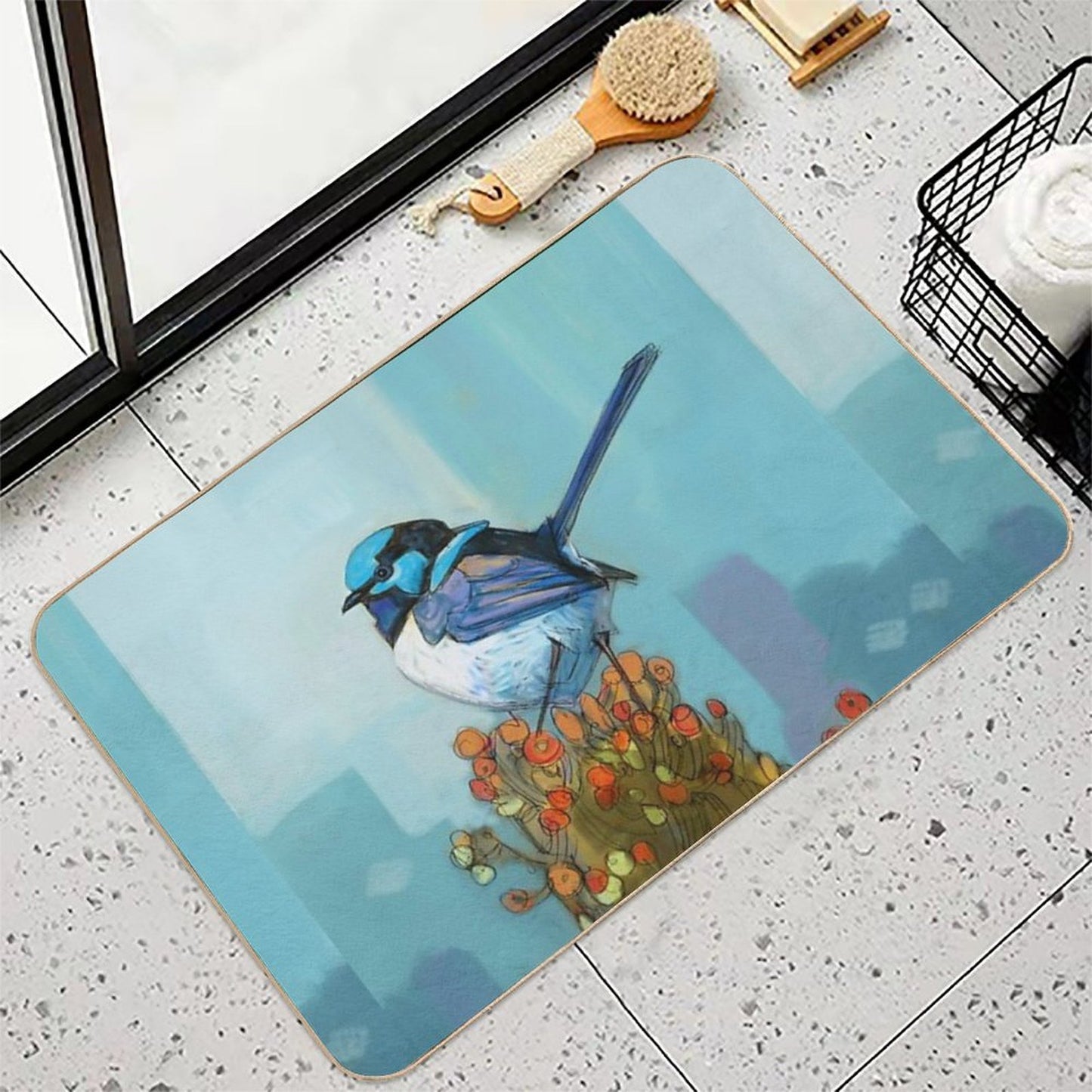 Blue Wren on Bush Repositionable Bath Mat