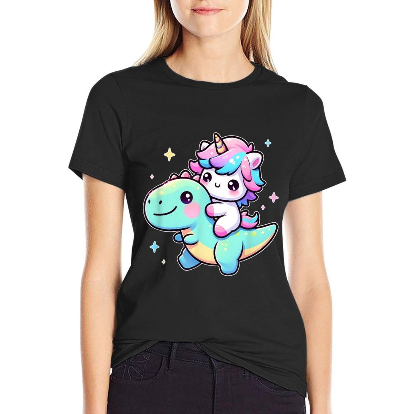 Adorable Kawaii Unicorn Rides Dinosaur Oversized Silhouette T-Shirt