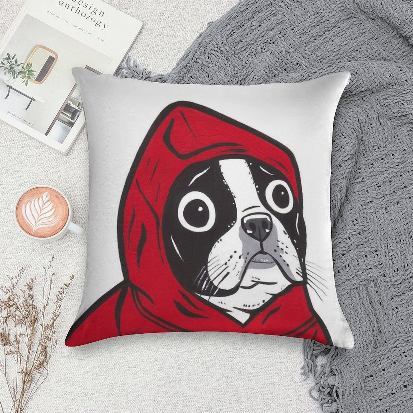 Boston Terrier in A Red Hoodie Soft Washable Throw Pillow