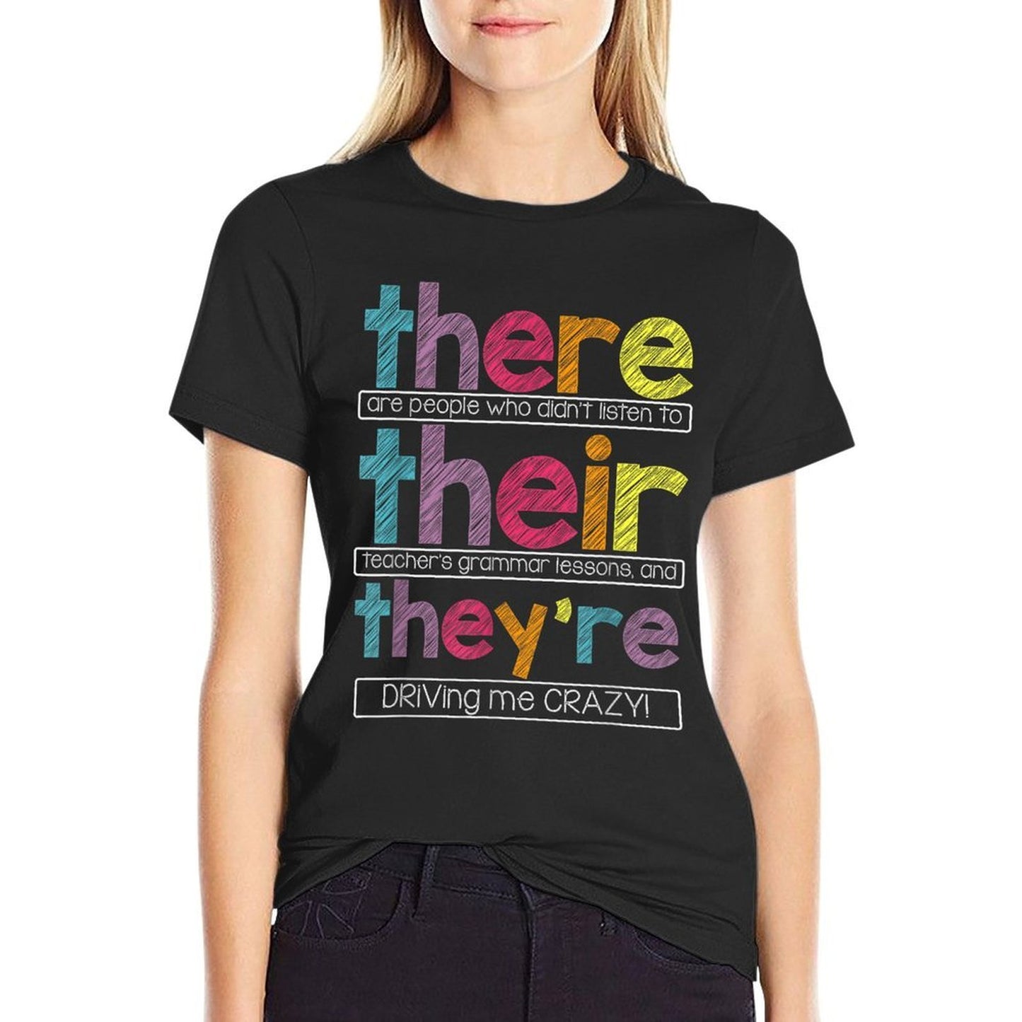 There Their Theyre English Grammar Teacher Funny Humor Ribbed Collar T-Shirt