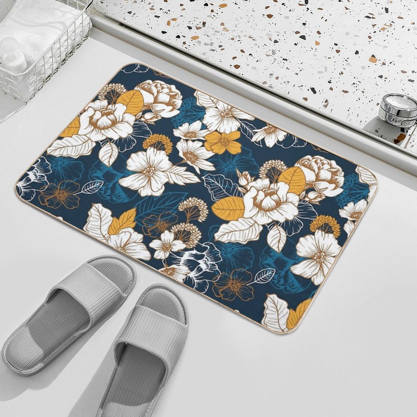Navy And Gold Peony And Blossom Seamless Pattern Rapid-Drying Bath Mat