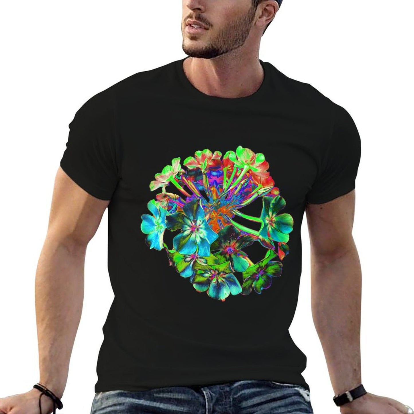 Blooming Blue And Lime Green Flowers Cotton T-Shirt