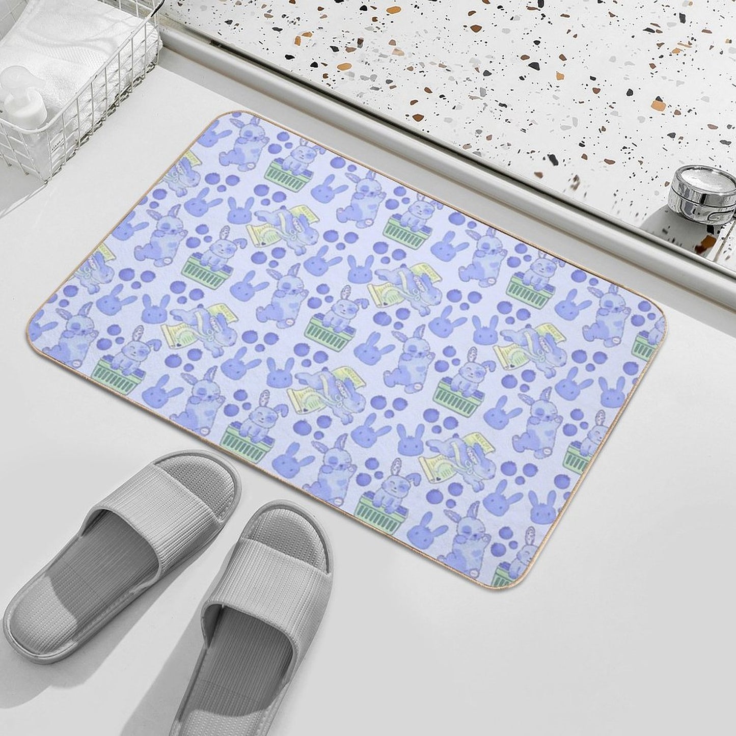 Blueberry Bunny Pattern – Cute Kawaii Animal Illustration Easy To Clean Bath Mat