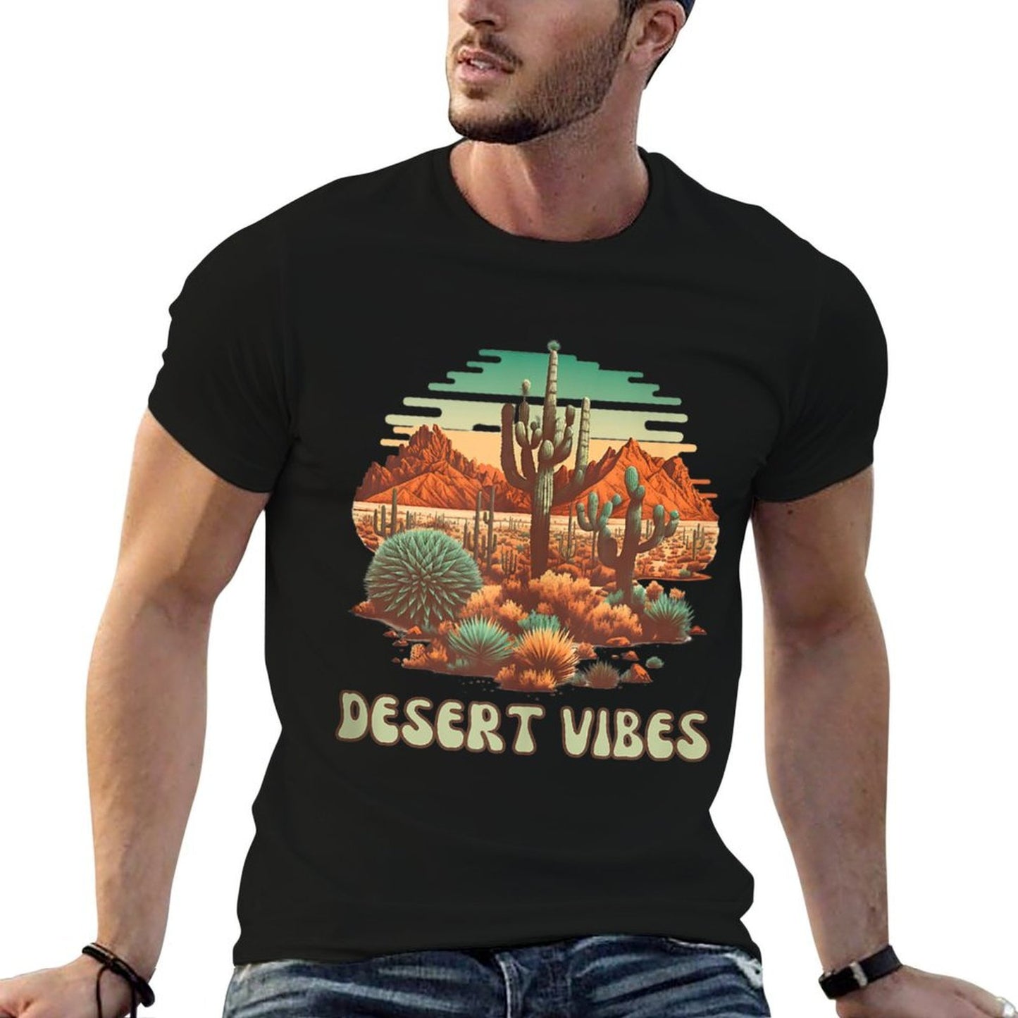 Desert Vibes Retro Vintage Cactus Landscape Lightweight T-Shirt