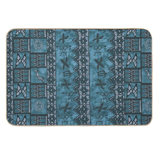 Vintage Hawaiian Tapa Ocean Blue  High-Traffic Bath Mat