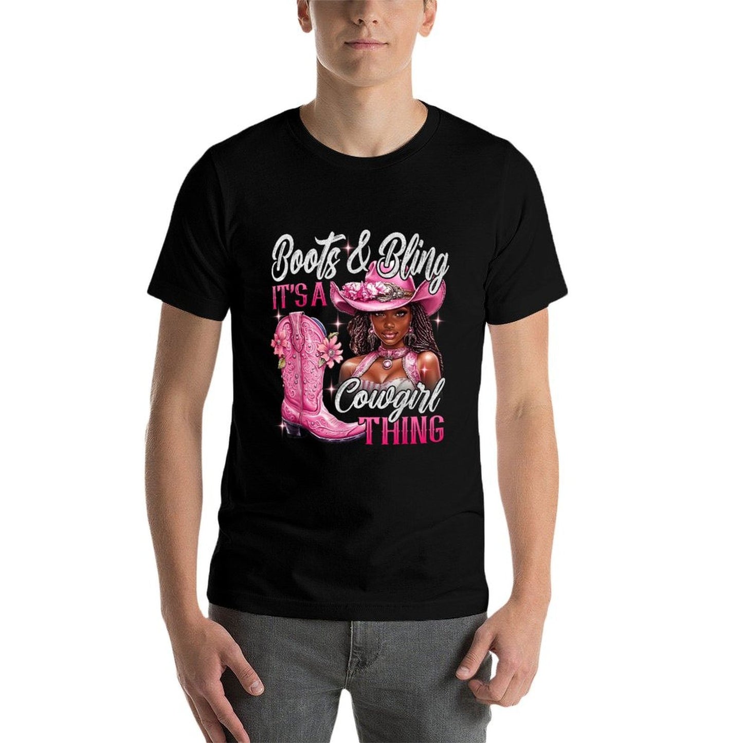 Boots Bling Its A Cowgirl Thing Pink Black Cowgirl Melanin Oversized Silhouette T-Shirt