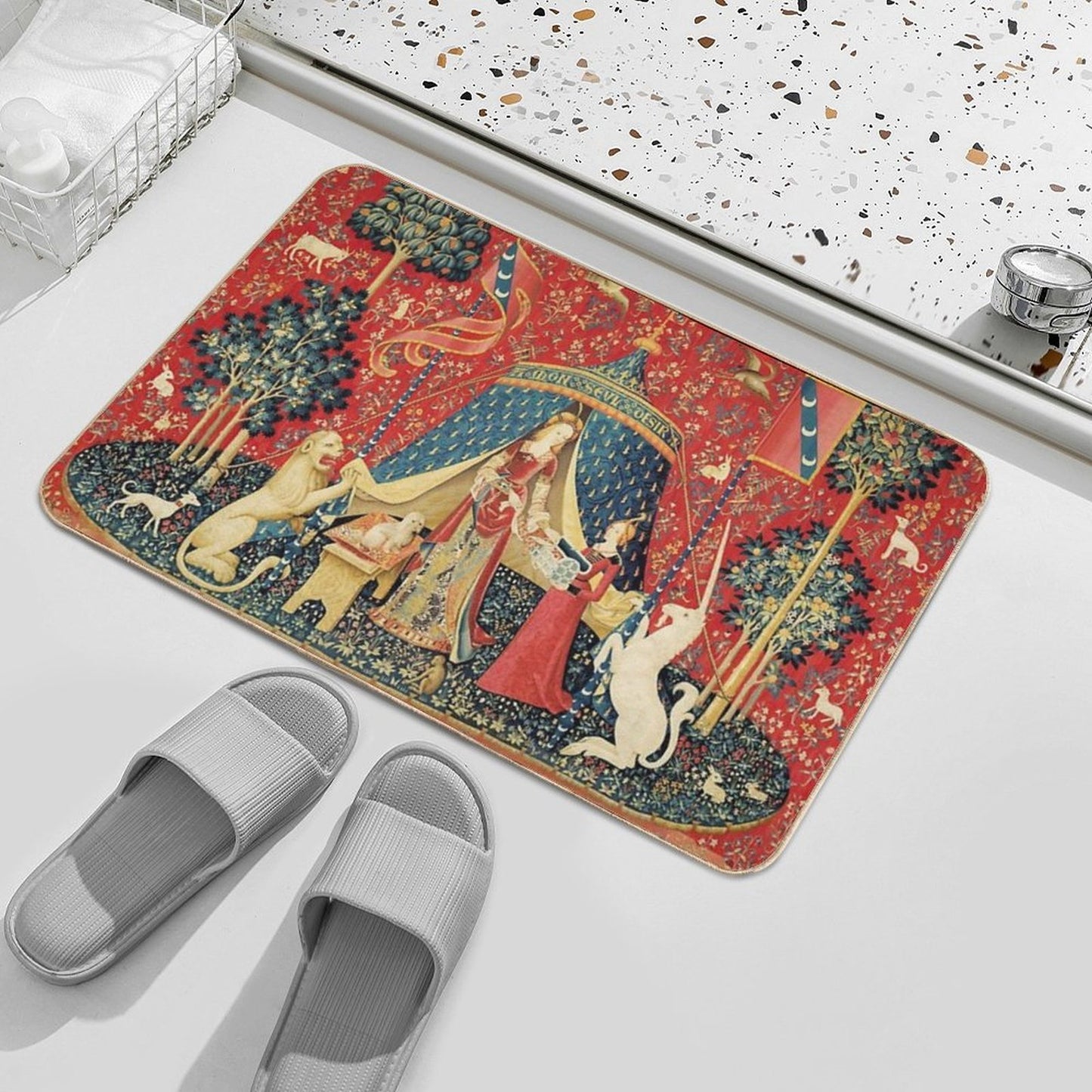 LADY AND THE UNICORN DESIRE ,Lion,Fantasy Flowers,Animals,Red Green Floral Tapestry Eco-Friendly Bath Mat