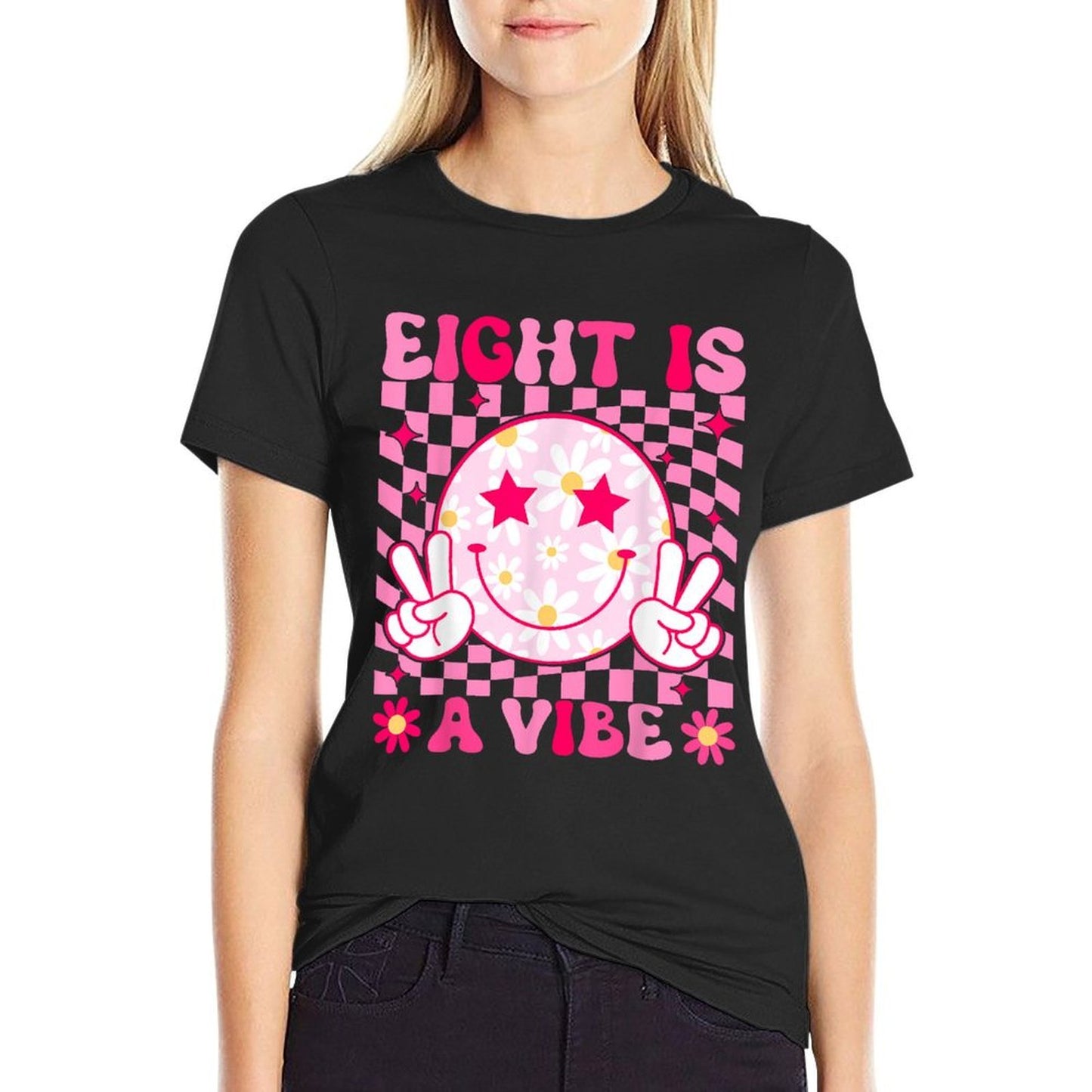 Eight Is A Vibe Birthday Groovy 8 Year Old Girl 8th Birthday Summer-ready Fabric T-Shirt